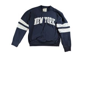 New York Popular Sweatshirt Men XL Navy Varsity Striped Sleeve Streetwear